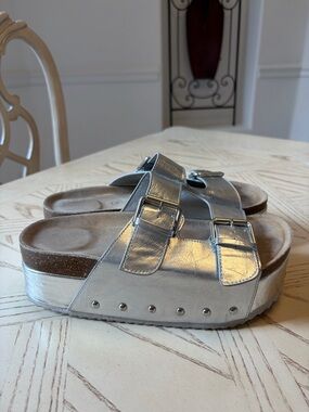 Metallic Silver Platform Buckle Sandals / Cushionaire Guru Platform Sandals